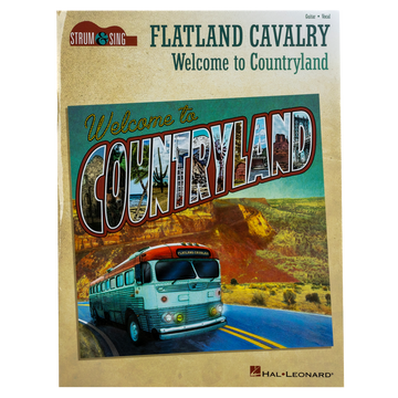 Book cover for ’Flatland Cavalry: Welcome to Countryland’ featuring a vintage-style postcard design with a blue bus on a desert highway.