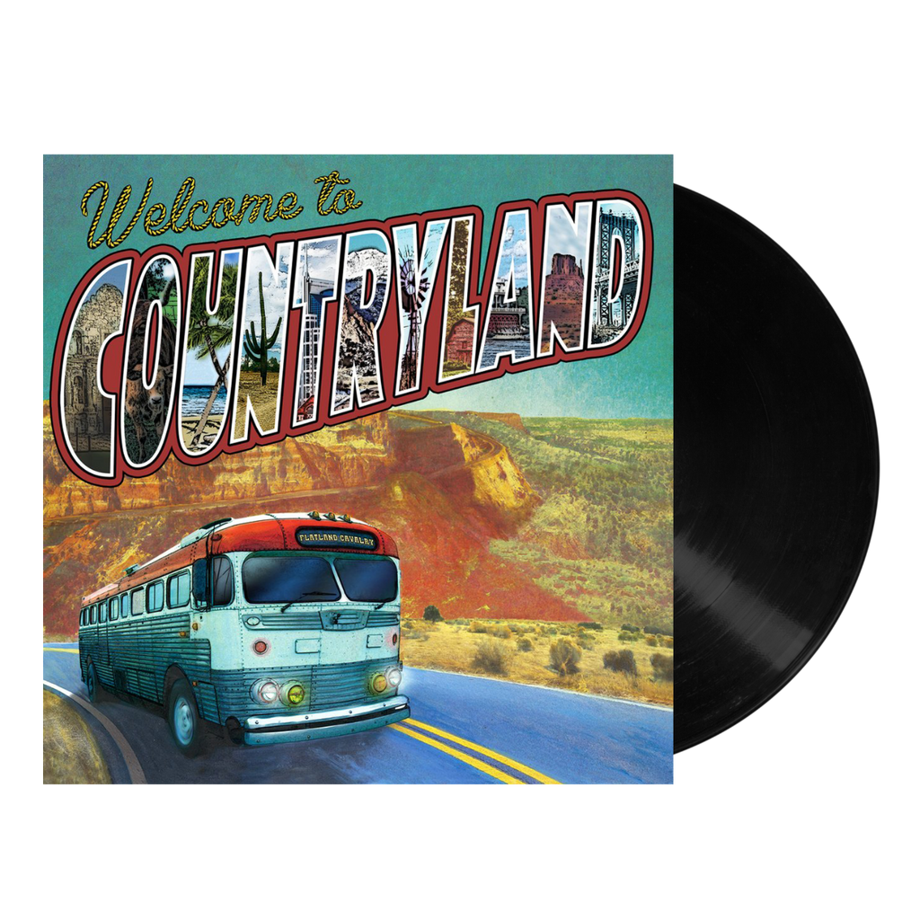 Vinyl record album cover featuring a retro-style ’Welcome to Countryland’ design with a vintage bus on a desert highway.