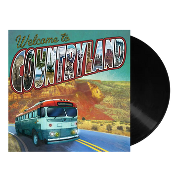 Vinyl record album cover featuring a retro-style ’Welcome to Countryland’ design with a vintage bus on a desert highway.