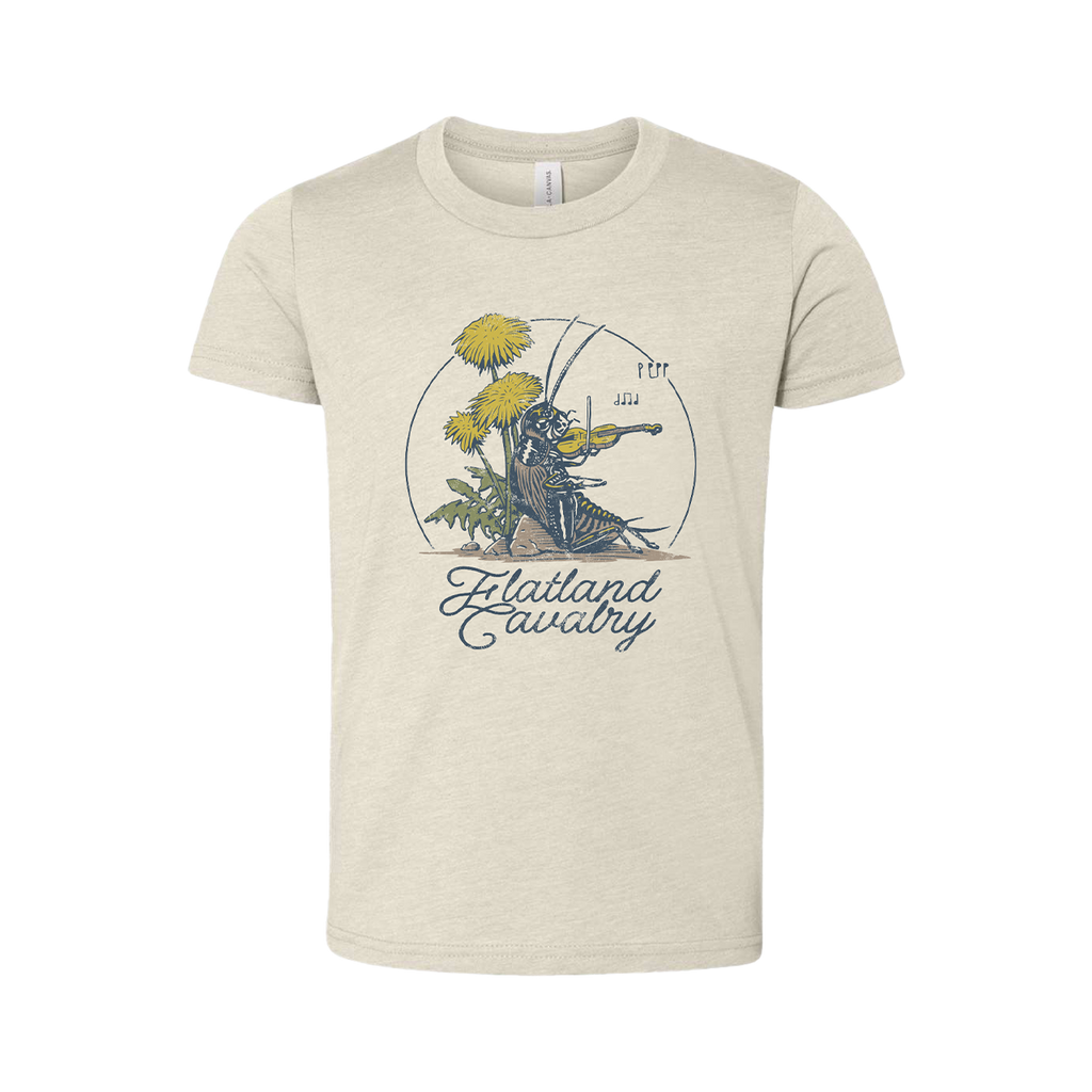 Beige t-shirt with a vintage-style floral and bird design featuring the text ’Flatland canary’.