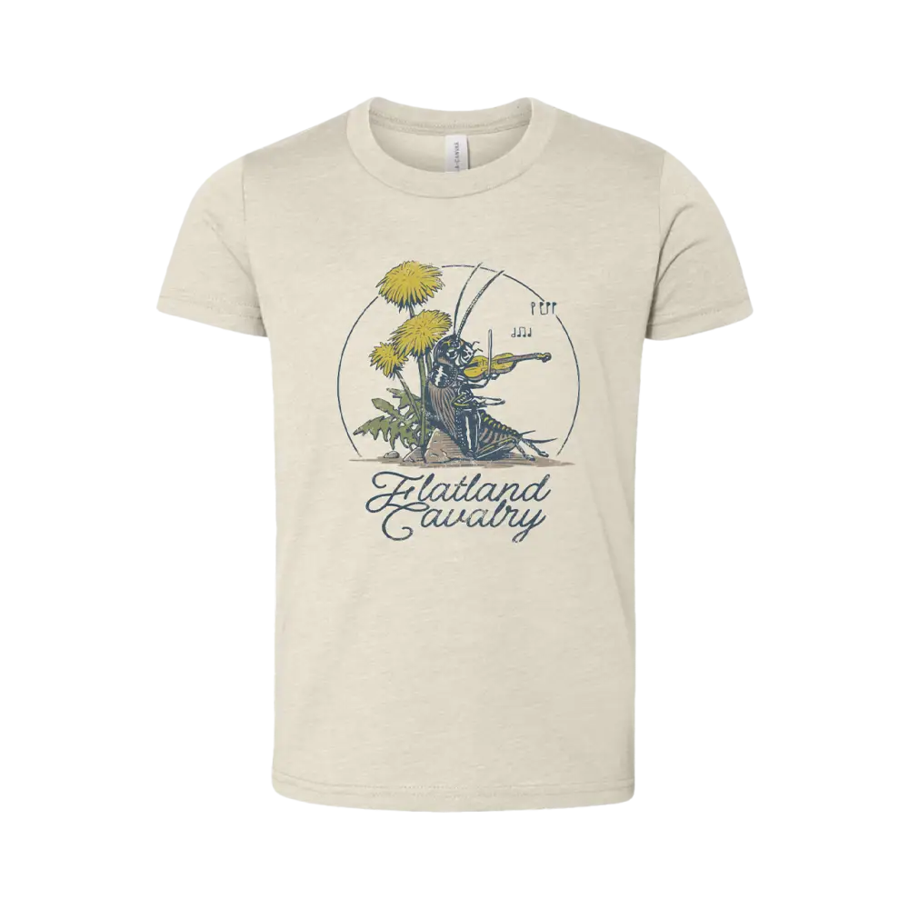 Beige t-shirt with a vintage-style floral and bird design featuring the text ’Flatland canary’.