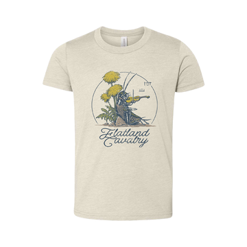 Beige t-shirt with a vintage-style floral and bird design featuring the text ’Flatland canary’.